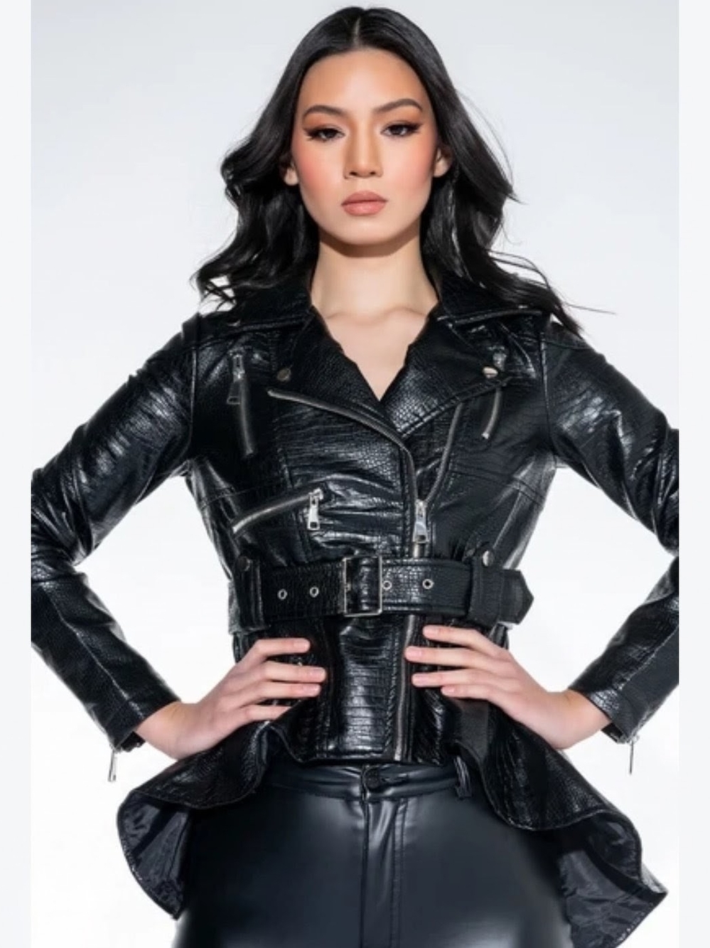 Azalea Wang Virgo Croc Peplum Moto Jacket Black Faux Leather Blazer Womens Sz M